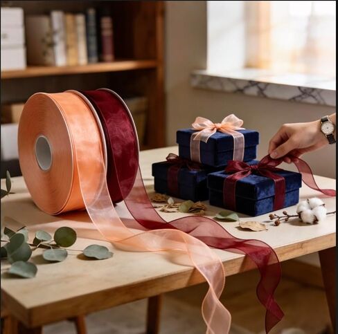 2 Rolls Transparent Organza Ribbon 20 Yards, Sheer Fishtail Edge Ribbon for Valentine's Day Gifts Craft DIY Wrapping, Wedding Decor, Cake Decoration & Craft Bows (Burgundy Champagne) in Saudi Arabia
