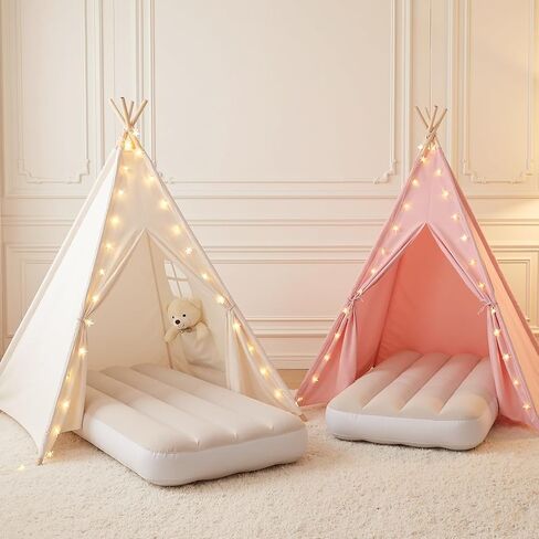 خيمة Wilwolfer Pink Sleepover Teepee للأطفال - عبوة من قطعتين بيت لعب تيبي للأطفال مع أضواء وعلم وسرير هوائي قابل للنفخ - داخلي/خارجي قابل للطي - خيمة حفلات النوم - لوازم حفلات النوم in Kuwait