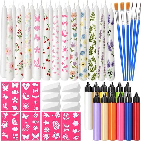 Treela 42 Pcs DIY Candle Painting Kit Include 12 White Taper Candles 12 Vibrant Colors Candle Wax Pen 6 Floral Painting Stencils 6 Paint Brushes 6 Sponge Block for Craft Birthday Wedding Holiday Party in Saudi Arabia