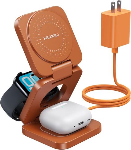 KU XIU Qi2.2 25W 3-in-1 Wireless Charging Station for Apple, Foldable Magnetic Charger for iPhone 17/16, 5W for Apple Watch & AirPods, Fast Travel Wireless Charging Stand with 45W Adapter in Saudi Arabia
