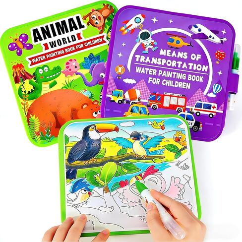 QEF 2 Pack Water Painting Book for Toddlers 1-3, Animal and Transportation Theme Water Coloring Book, Mess Free Reusable Travel Activity with Pen, Birthday Gift for Kids Boys Girls in Saudi Arabia