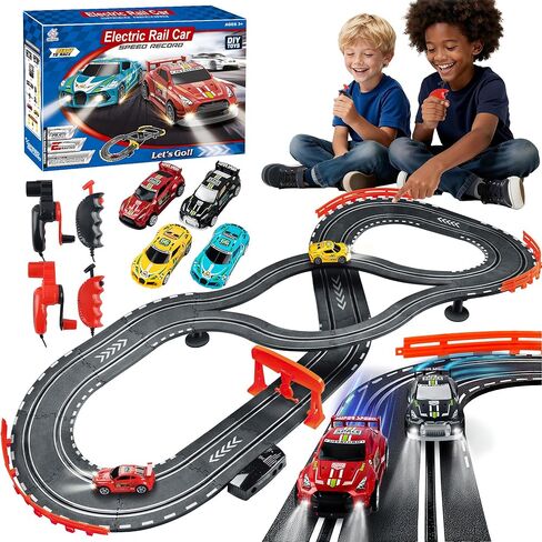 Slot Car Race Track Sets with 4 High-Speed Racing Cars, 2 Control Method Hand-cranked and Electric Generator, Car with Dual Racing Lap Counter Circular Overpass Track Toys Gifts for Kids and Adults in Saudi Arabia