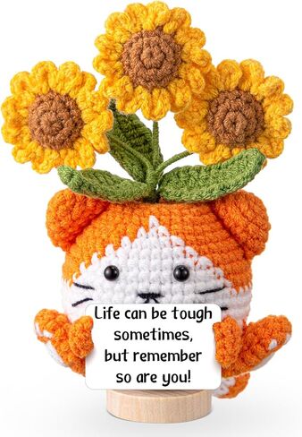 Geelin Positive Crochet Cat Sunflower Gifts Emotional Inspirational Support Handmade Crochet Sunflower for Women Friend Mom Dad Coworkers Mother's Day Birthday Teacher Appreciation Desk Decor in Saudi Arabia