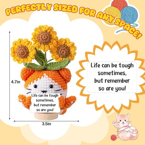 Geelin Positive Crochet Cat Sunflower Gifts Emotional Inspirational Support Handmade Crochet Sunflower for Women Friend Mom Dad Coworkers Mother's Day Birthday Teacher Appreciation Desk Decor in Saudi Arabia