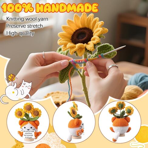 Geelin Positive Crochet Cat Sunflower Gifts Emotional Inspirational Support Handmade Crochet Sunflower for Women Friend Mom Dad Coworkers Mother's Day Birthday Teacher Appreciation Desk Decor in Saudi Arabia