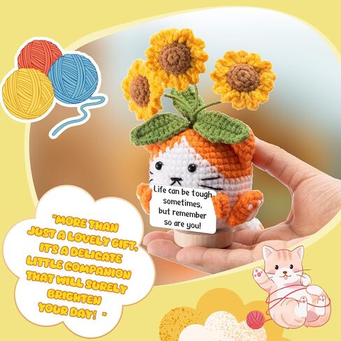 Geelin Positive Crochet Cat Sunflower Gifts Emotional Inspirational Support Handmade Crochet Sunflower for Women Friend Mom Dad Coworkers Mother's Day Birthday Teacher Appreciation Desk Decor in Saudi Arabia