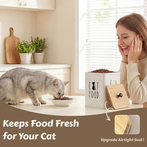 PERFNIQUE Cat Food Storage Container, Airtight Cat Treat Container with Bamboo Lid, 25 Cup Pet Food Storage for Kitchen Countertop, Treat Jars for Pets, Farmhouse Cat Food Container (White) in Saudi Arabia