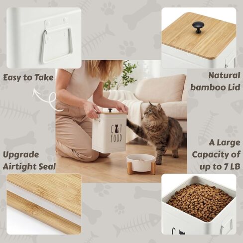 PERFNIQUE Cat Food Storage Container, Airtight Cat Treat Container with Bamboo Lid, 25 Cup Pet Food Storage for Kitchen Countertop, Treat Jars for Pets, Farmhouse Cat Food Container (White) in Saudi Arabia