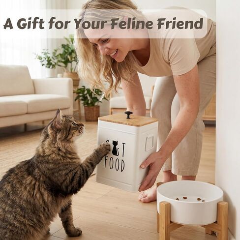 PERFNIQUE Cat Food Storage Container, Airtight Cat Treat Container with Bamboo Lid, 25 Cup Pet Food Storage for Kitchen Countertop, Treat Jars for Pets, Farmhouse Cat Food Container (White) in Saudi Arabia