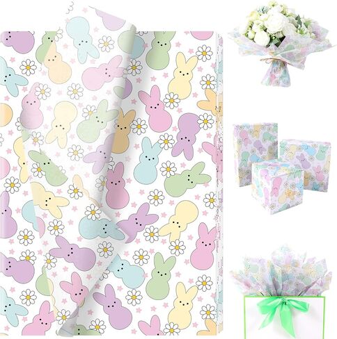 100 Sheets Easter Peeps Bunny Tissue Paper, Pastel Retro Rabbit Daisy Gift Wrapping Paper for Easter DIY Crafts Spring Party Supplies, 13.8 x 19.7 Inch in Saudi Arabia