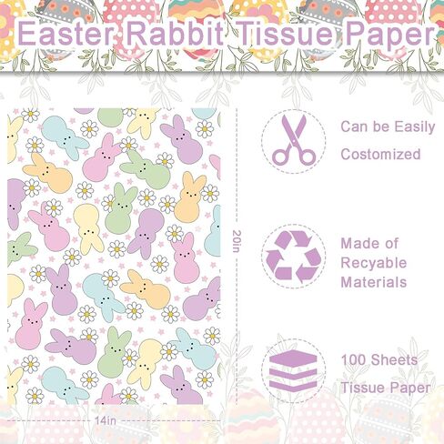 100 Sheets Easter Peeps Bunny Tissue Paper, Pastel Retro Rabbit Daisy Gift Wrapping Paper for Easter DIY Crafts Spring Party Supplies, 13.8 x 19.7 Inch in Saudi Arabia