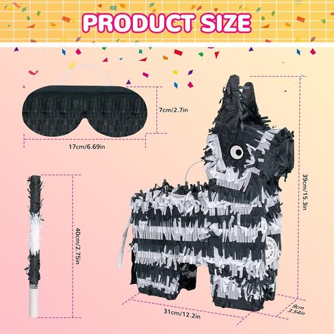 Piñata Set for Kids Party - Full Party Game Kit with Hitting Stick, Blindfold & Confetti Filler, Perfect for Birthday Party Decorations for Boys and Girls - Piñata，black and white in Saudi Arabia