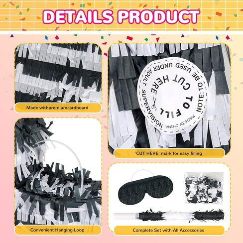Piñata Set for Kids Party - Full Party Game Kit with Hitting Stick, Blindfold & Confetti Filler, Perfect for Birthday Party Decorations for Boys and Girls - Piñata，black and white in Saudi Arabia
