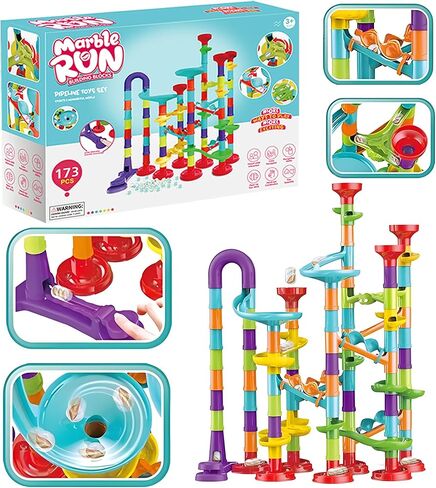 مجموعة تشغيل الرخام - 173 قطعة من ألعاب تعلم العلوم والتكنولوجيا والهندسة والرياضيات للأطفال من 4 إلى 8 مسارات، مسارات سباق للأطفال، برج رخامي، ألعاب مكعبات البناء (G47) in Kuwait
