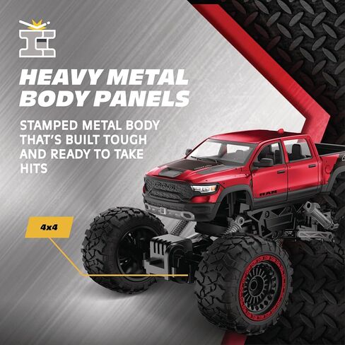 شاحنة بيك اب RC 4WD معدنية ثقيلة RAM 1500 - مقياس 1:14، هيكل معدني مختوم مرخص رسميًا، دفع رباعي 4x4، جهاز تحكم عن بعد كامل الوظائف 2.4 جيجا هرتز، جاهز للتشغيل، شحن USB، أحمر in Kuwait