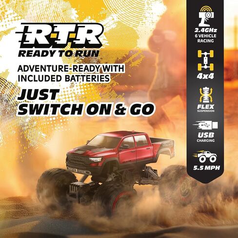 شاحنة بيك اب RC 4WD معدنية ثقيلة RAM 1500 - مقياس 1:14، هيكل معدني مختوم مرخص رسميًا، دفع رباعي 4x4، جهاز تحكم عن بعد كامل الوظائف 2.4 جيجا هرتز، جاهز للتشغيل، شحن USB، أحمر in Kuwait