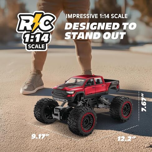 شاحنة بيك اب RC 4WD معدنية ثقيلة RAM 1500 - مقياس 1:14، هيكل معدني مختوم مرخص رسميًا، دفع رباعي 4x4، جهاز تحكم عن بعد كامل الوظائف 2.4 جيجا هرتز، جاهز للتشغيل، شحن USB، أحمر in Kuwait