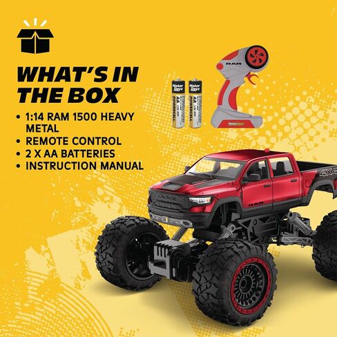 شاحنة بيك اب RC 4WD معدنية ثقيلة RAM 1500 - مقياس 1:14، هيكل معدني مختوم مرخص رسميًا، دفع رباعي 4x4، جهاز تحكم عن بعد كامل الوظائف 2.4 جيجا هرتز، جاهز للتشغيل، شحن USB، أحمر in Kuwait