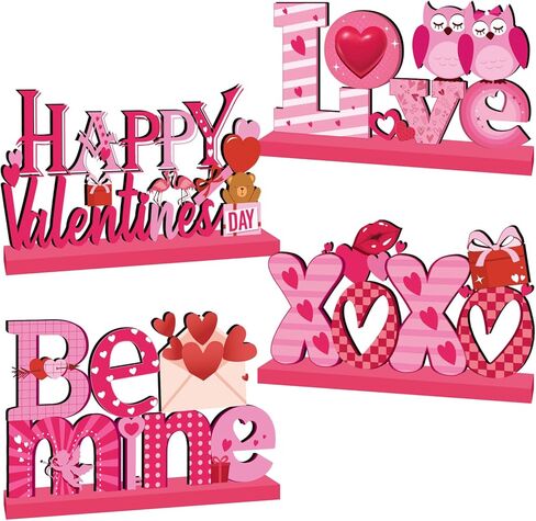 4 قطع ديكورات عيد الحب، قطع مركزية خشبية لعيد الحب السعيد، ديكورات طاولة XOXO Be Mine لعيد الحب، ديكورات عيد الحب للمنزل، هدايا عيد الحب in Kuwait