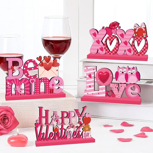 4 قطع ديكورات عيد الحب، قطع مركزية خشبية لعيد الحب السعيد، ديكورات طاولة XOXO Be Mine لعيد الحب، ديكورات عيد الحب للمنزل، هدايا عيد الحب in Kuwait