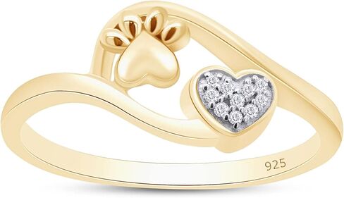 White Natural Diamond Accent Paw Print Heart Ring in 14k Gold Over Sterling Silver (I-J Color, 0.03 Cttw) in Saudi Arabia