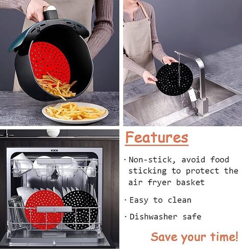 2 Pack Reusable Air Fryer Liners, 8" Non-Stick Round Silicone AirFryer Liners, Easy to Clean Air Fryer Accessories, Red+Black in Saudi Arabia