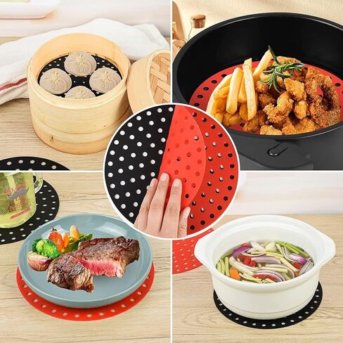 2 Pack Reusable Air Fryer Liners, 8" Non-Stick Round Silicone AirFryer Liners, Easy to Clean Air Fryer Accessories, Red+Black in Saudi Arabia