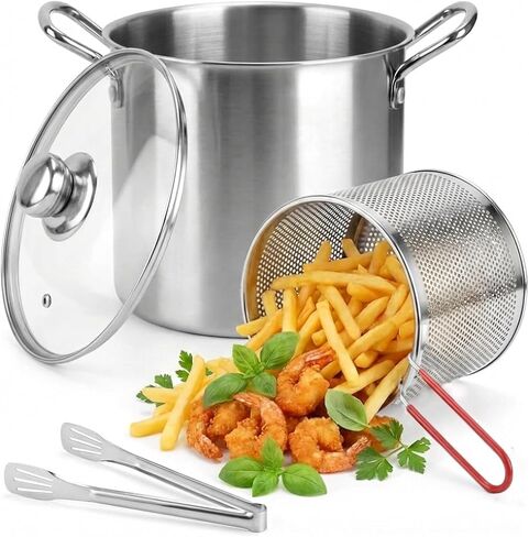 3.2QT Stainless Steel Deep Fryer Pot With Basket & Lid, Oil Strainer Pot For Frying Fish, Shrimp, Chicken & Fries - Japanese Tempura Frying Pot With Drip Drainer For Stove Top Cooking in Saudi Arabia