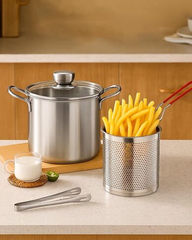 3.2QT Stainless Steel Deep Fryer Pot With Basket & Lid, Oil Strainer Pot For Frying Fish, Shrimp, Chicken & Fries - Japanese Tempura Frying Pot With Drip Drainer For Stove Top Cooking in Saudi Arabia