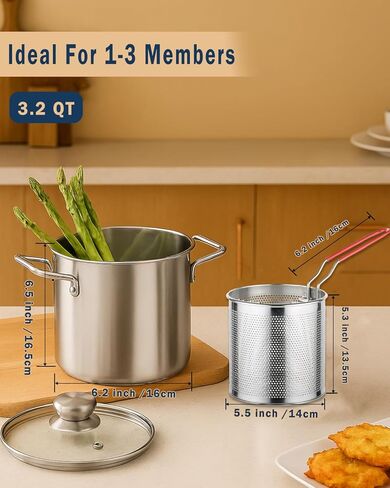3.2QT Stainless Steel Deep Fryer Pot With Basket & Lid, Oil Strainer Pot For Frying Fish, Shrimp, Chicken & Fries - Japanese Tempura Frying Pot With Drip Drainer For Stove Top Cooking in Saudi Arabia