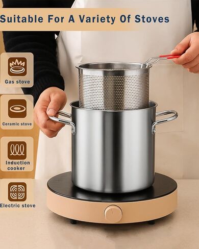 3.2QT Stainless Steel Deep Fryer Pot With Basket & Lid, Oil Strainer Pot For Frying Fish, Shrimp, Chicken & Fries - Japanese Tempura Frying Pot With Drip Drainer For Stove Top Cooking in Saudi Arabia