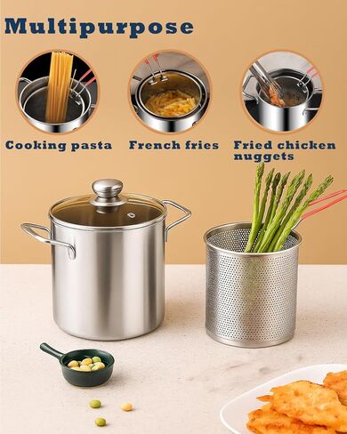 3.2QT Stainless Steel Deep Fryer Pot With Basket & Lid, Oil Strainer Pot For Frying Fish, Shrimp, Chicken & Fries - Japanese Tempura Frying Pot With Drip Drainer For Stove Top Cooking in Saudi Arabia