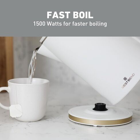West Bend Timeless Electric Kettle Cordless Serving Features Stainless Steel Interior Boil Dry Protection and Auto Shut Off, 1.5-Liter, White/Gold in Saudi Arabia