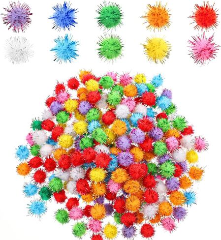 TIESOME 200 Pcs Glitter Pom Pom Balls, Assorted Sparkle Pom Poms, Glitter Fluffy Craft Pompoms, Multicolor Soft Pompoms for Crafts DIY Decorations (0.59 inch) in Saudi Arabia