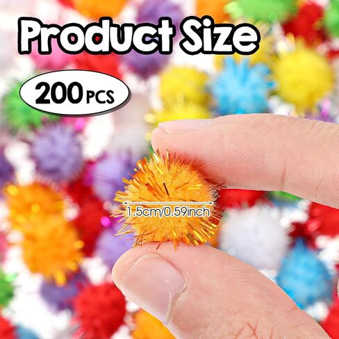 TIESOME 200 Pcs Glitter Pom Pom Balls, Assorted Sparkle Pom Poms, Glitter Fluffy Craft Pompoms, Multicolor Soft Pompoms for Crafts DIY Decorations (0.59 inch) in Saudi Arabia