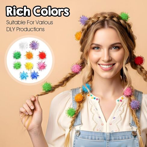 TIESOME 200 Pcs Glitter Pom Pom Balls, Assorted Sparkle Pom Poms, Glitter Fluffy Craft Pompoms, Multicolor Soft Pompoms for Crafts DIY Decorations (0.59 inch) in Saudi Arabia