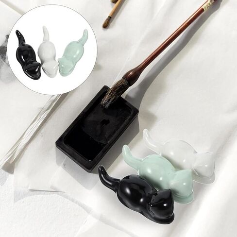 Ceramic Paint Brush Holder - 3-Piece Cat Shape Set | Multifunctional Rest Stand for Artist Brushes, Calligraphy Pens, Chopsticks & Kitchen Utensils | (Black, White, Green) in Kuwait