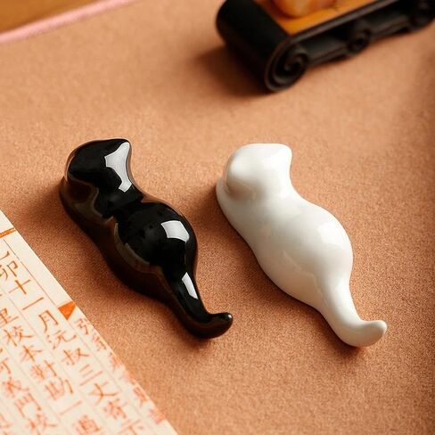 Ceramic Paint Brush Holder - 3-Piece Cat Shape Set | Multifunctional Rest Stand for Artist Brushes, Calligraphy Pens, Chopsticks & Kitchen Utensils | (Black, White, Green) in Kuwait