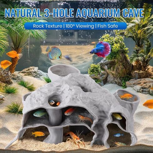 كهف حوض السمك بثلاثة فتحات، نفق ومخبأ لخزان الأسماك ذو نسيج صخري ثلاثي الأبعاد، ديكور حوض أسماك طبيعي تحت الحصى للأسماك الصغيرة، والروبيان، والكوريدوراس، والبليكو، وكوهلي لوتش، والسرطان الناسك in Kuwait