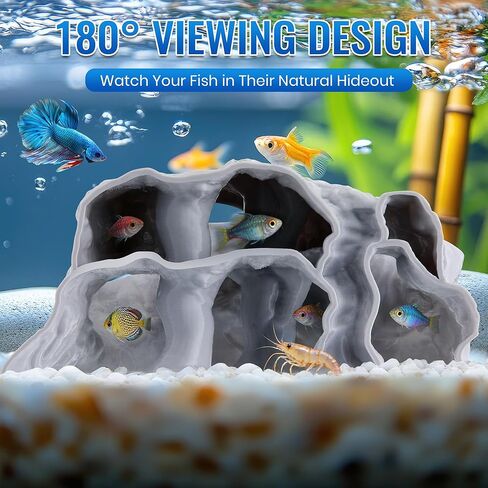 كهف حوض السمك بثلاثة فتحات، نفق ومخبأ لخزان الأسماك ذو نسيج صخري ثلاثي الأبعاد، ديكور حوض أسماك طبيعي تحت الحصى للأسماك الصغيرة، والروبيان، والكوريدوراس، والبليكو، وكوهلي لوتش، والسرطان الناسك in Kuwait