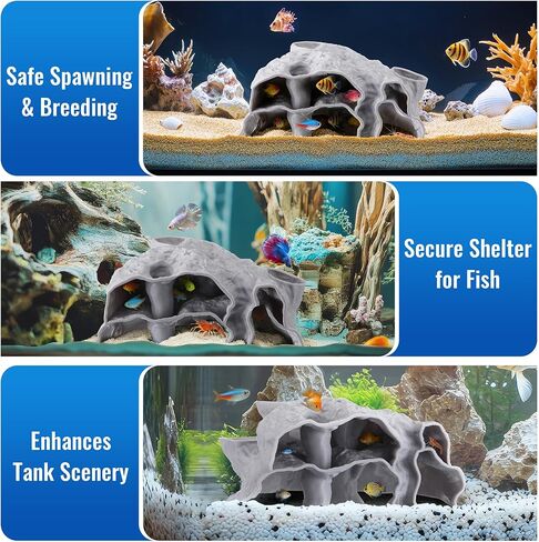 كهف حوض السمك بثلاثة فتحات، نفق ومخبأ لخزان الأسماك ذو نسيج صخري ثلاثي الأبعاد، ديكور حوض أسماك طبيعي تحت الحصى للأسماك الصغيرة، والروبيان، والكوريدوراس، والبليكو، وكوهلي لوتش، والسرطان الناسك in Kuwait