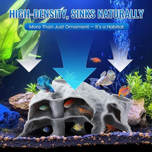 كهف حوض السمك بثلاثة فتحات، نفق ومخبأ لخزان الأسماك ذو نسيج صخري ثلاثي الأبعاد، ديكور حوض أسماك طبيعي تحت الحصى للأسماك الصغيرة، والروبيان، والكوريدوراس، والبليكو، وكوهلي لوتش، والسرطان الناسك in Kuwait