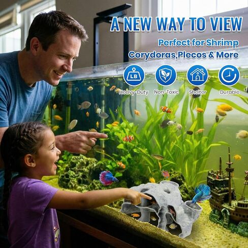 كهف حوض السمك بثلاثة فتحات، نفق ومخبأ لخزان الأسماك ذو نسيج صخري ثلاثي الأبعاد، ديكور حوض أسماك طبيعي تحت الحصى للأسماك الصغيرة، والروبيان، والكوريدوراس، والبليكو، وكوهلي لوتش، والسرطان الناسك in Kuwait