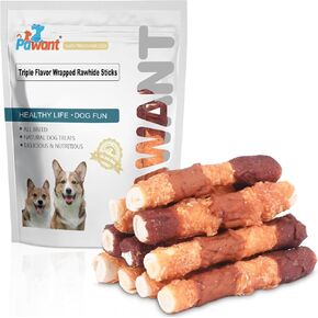Triple-Flavor Rawhide Chews for Medium & Large Dogs - 5 Inch Chicken, Beef & Chicken Liver Dental Treats - Long Lasting Chew Sticks 227g/0.5lb in Kuwait
