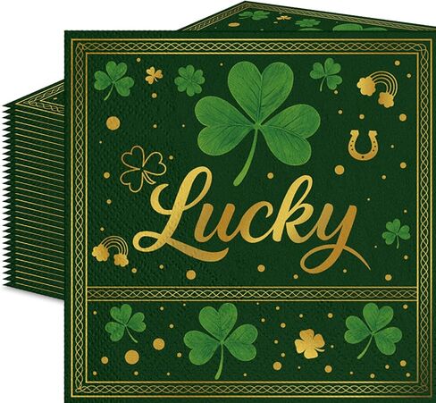 50 Pcs St. Patrick's Day Paper Napkins, Disposable Lucky Clover Napkin with Shamrock, Gold Coins, and Rainbow Design for St. Paddy's Day Dinner, Irish Parties, and Seasonal Spring Table Decorations in Saudi Arabia