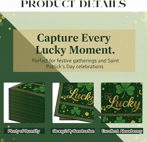 50 Pcs St. Patrick's Day Paper Napkins, Disposable Lucky Clover Napkin with Shamrock, Gold Coins, and Rainbow Design for St. Paddy's Day Dinner, Irish Parties, and Seasonal Spring Table Decorations in Saudi Arabia