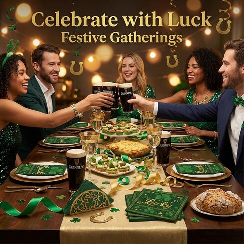 50 Pcs St. Patrick's Day Paper Napkins, Disposable Lucky Clover Napkin with Shamrock, Gold Coins, and Rainbow Design for St. Paddy's Day Dinner, Irish Parties, and Seasonal Spring Table Decorations in Saudi Arabia