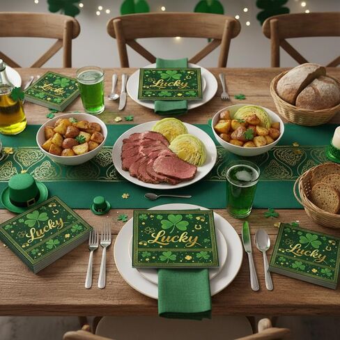 50 Pcs St. Patrick's Day Paper Napkins, Disposable Lucky Clover Napkin with Shamrock, Gold Coins, and Rainbow Design for St. Paddy's Day Dinner, Irish Parties, and Seasonal Spring Table Decorations in Saudi Arabia