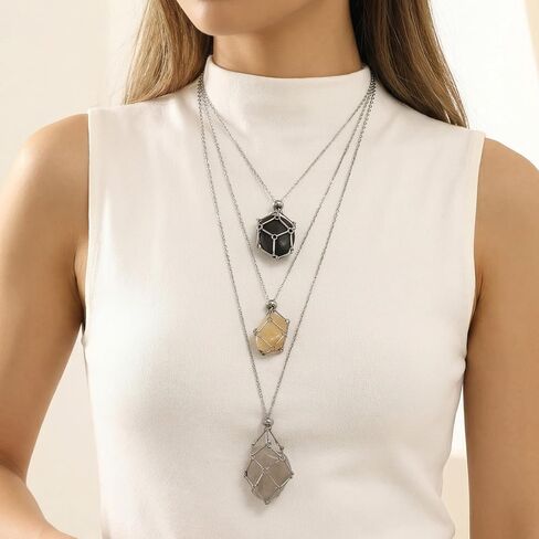 3 Pcs Crystal Holder Necklace Cage Pendant Empty Stone Holder Necklace Stainless Steel Adjustable Crystal Cage Stand for Quartz Natural Gemstone Jewelry DIY Making Men Women in Saudi Arabia