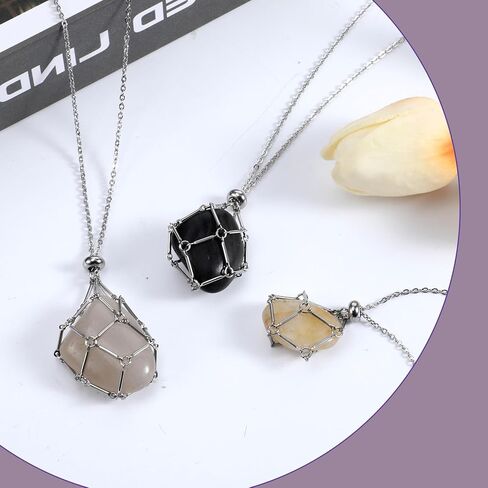 3 Pcs Crystal Holder Necklace Cage Pendant Empty Stone Holder Necklace Stainless Steel Adjustable Crystal Cage Stand for Quartz Natural Gemstone Jewelry DIY Making Men Women in Saudi Arabia